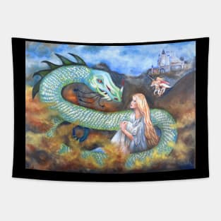 Dragon serpent and maiden warrior woman Tapestry