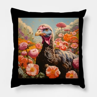 Retro Rustic Farm Turkey in the Flowers Pillow