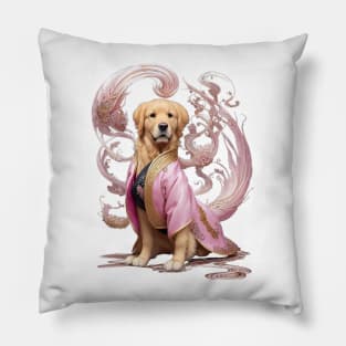 Majestic Imperial: Golden Retriever in Royal Pink Hanbok Pillow