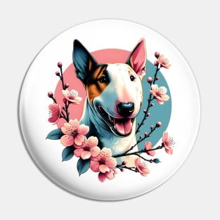 Miniature Bull Terrier Celebrates Spring Cherry Blossoms Pin