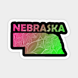 Colorful mandala art map of Nebraska with text in pink and green Magnet