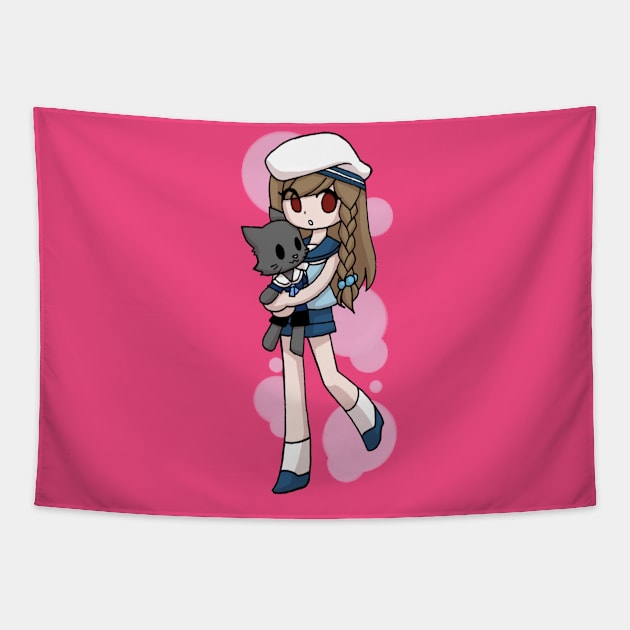 Anime Sailor Girl Hugging Cat Tapestry by TonTomDesignz