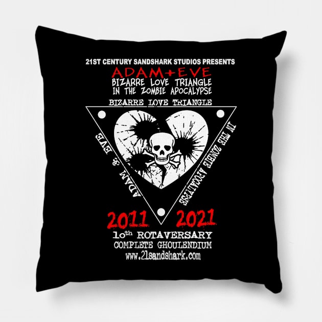 ADAM & EVE: BIZARRE LOVE TRIANGLE IN THE ZOMBIE APOCALYPSE: 10th Anniversary T-Shirt Pillow by 21st Century Sandshark Studios