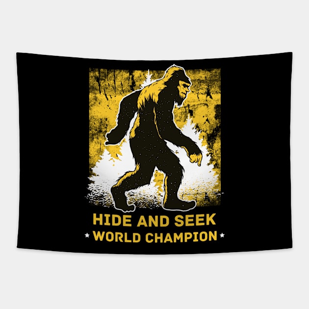 Retro Bigfoot Hide & Seek World Champion Tapestry by 5StarDesigns