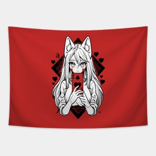 Cat Eared Girl Holding Ace of Heart Card Tapestry