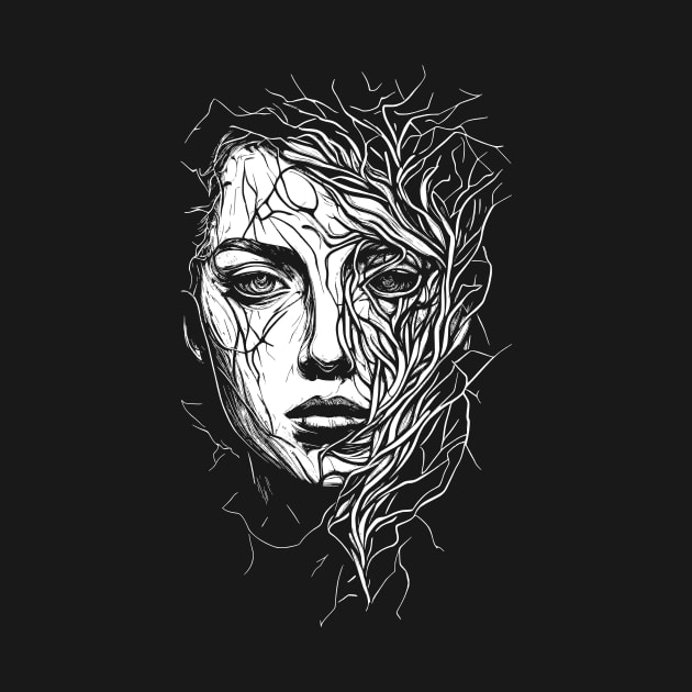 black and white graphic of female head with vines by Creatiful