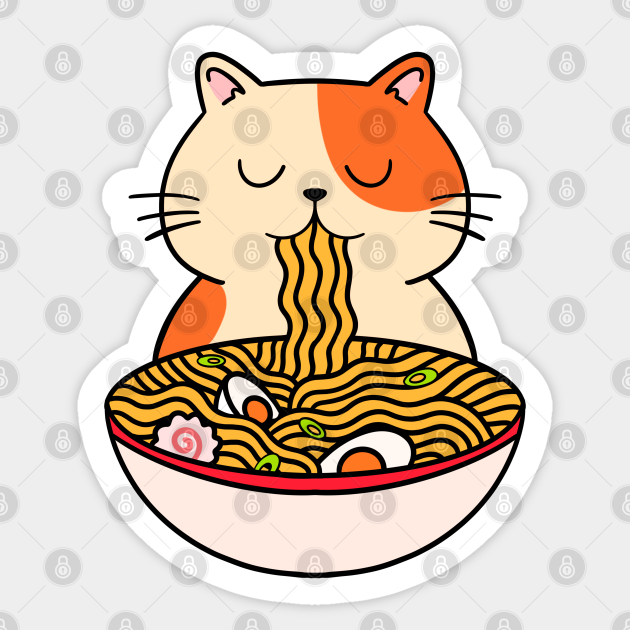 Cat Kawaii Eating Ramen Japanese Aesthetic - Cat Eating Ramen - Sticker ...