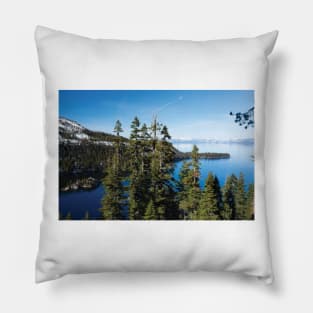 Trees At Lakeshore With Mountain Range In The Background Lake Tahoe Pillow