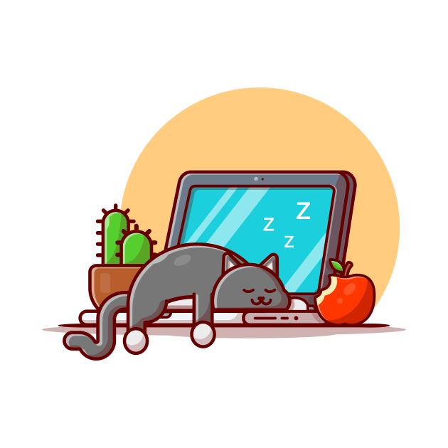 Cute Cat Sleeping On Laptop With Apple And Cactus Cartoon Vector Icon Illustration by Catalyst Labs