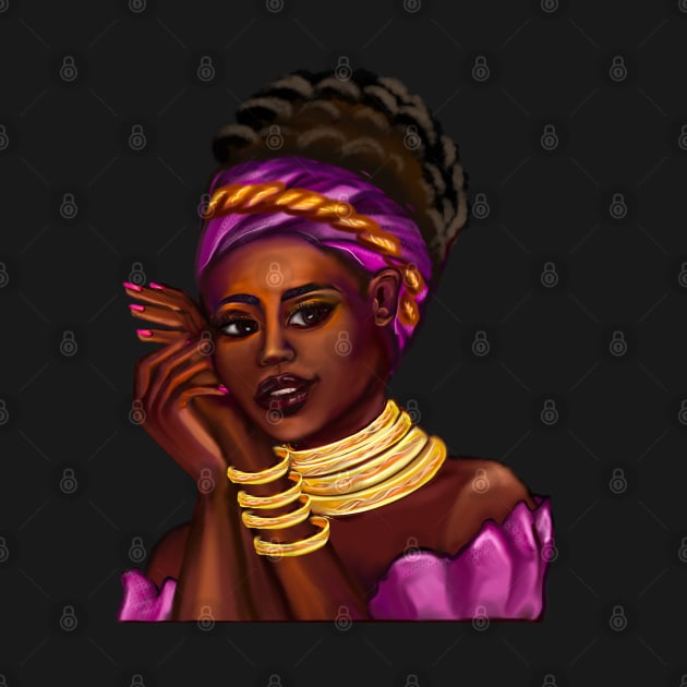 Afro Queen Black is beautiful anime manga black girl with Gold bangles, neck ring necklace, purple dress and head wrap, brown eyes and dark brown skin ! by Artonmytee