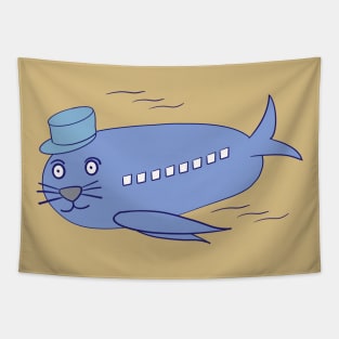 Flying Seal Airplane, Blue, Silly Animal Design, Funny Animal Tapestry