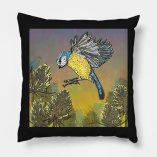 Blue Tit and Teasels Pillow