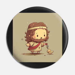 Cute Little Jesus Christ Illustration with Bird Pin