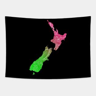 Colorful mandala art map of New Zealand with text in pink and green Tapestry