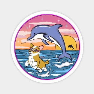 Cute Corgi Swimming With Dolphins Magnet