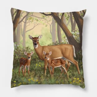 Whitetail Deer Doe & Cute Twin Fawns Pillow