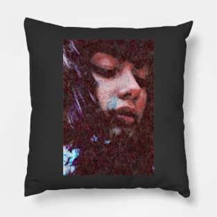 Beautiful girl, blue spots on chin and face. Dark sci-fi, fantasy. So beautiful. Lot of noise and spots. Pillow