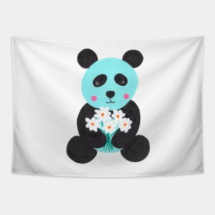 Blue panda holding flowers gouache painting Tapestry
