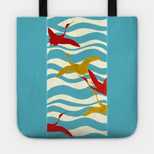 RED YELLOW FLYING CRANES ON WHITE BLUE OCEAN WAVES Tote