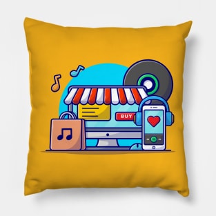 Online Music Store Music Shop with Vinyl, Smartphone and Headphone Music Cartoon Vector Icon Illustration Pillow