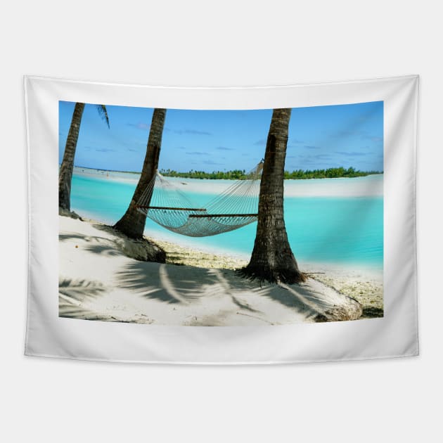 Empty hammock between two tropical palm trees in Cook Islands. Tapestry by brians101