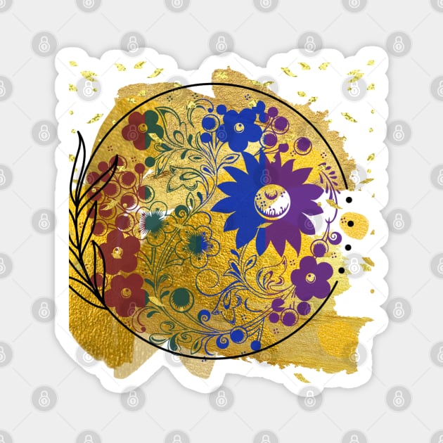 Multicoloured Floral motif mandala design illustration with gold paint splatter and confetti Magnet by Haze and Jovial