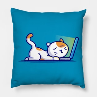 Cute Cat Sleeping On Laptop With Coffee Cup Cartoon Vector Icon Illustration Pillow