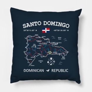 Dominican Republic Flag Travel Map Santo Domingo Coordinates Roads Rivers and Oceans White Pillow