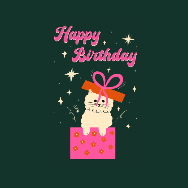 Happy Birthday! Cute white cat with bow illustration. Birthday art gift idea by WeirdyTales