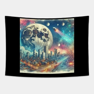 Surreal Collage Art City Moon Spaceship Drawing Tapestry