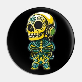 Melodic Bones: Sugar Skull Art - Skeleton Listening to Headphones Pin