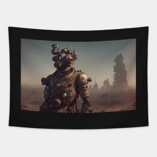 Steampunk style robot in post apocalyptic wasteland Tapestry