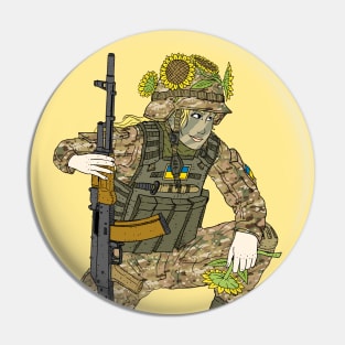 a ukrainian soldier with sunflowers and a flag. Pin