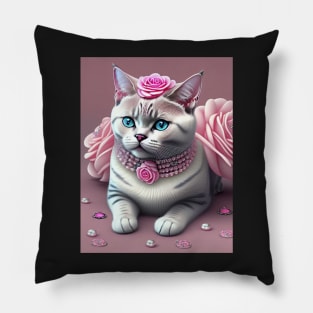 British Shorthair sparkles with gems and pink roses Pillow