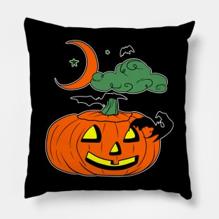 Cartoon Pumpkin Bats Clouds and Moon Pillow