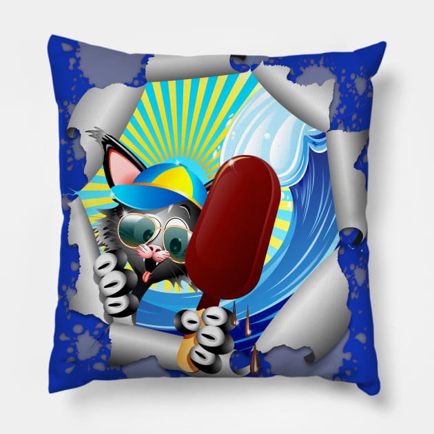 Fun Cat Cartoon Summer Holidays and Ice Cream Pillow by BluedarkArt
