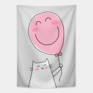 Cat Holding a Pink Smiley Face Balloon Tapestry