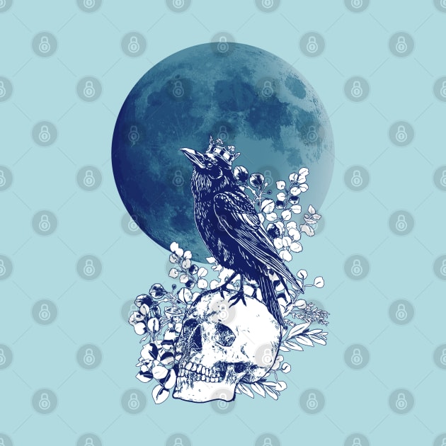 Blue raven and moon with skull and crow, skeleton eucaliptus leaves by Collagedream