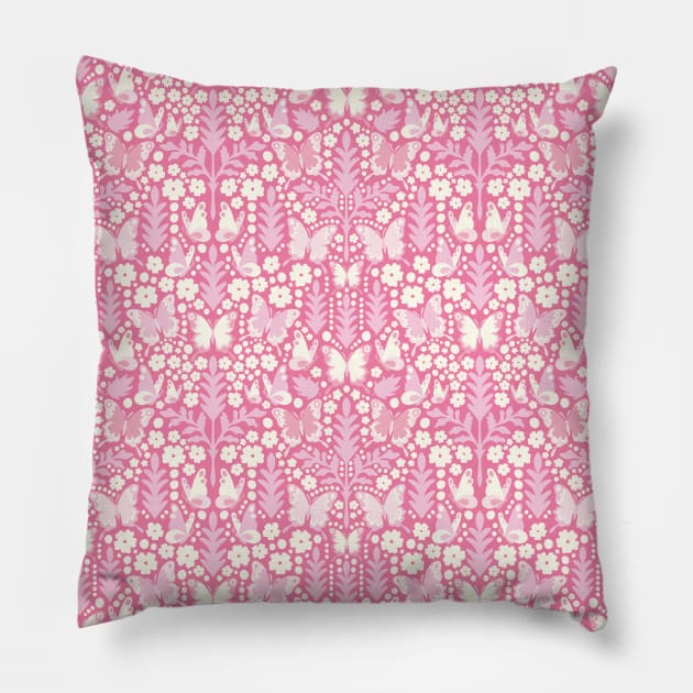 PINK BUTTERFLY DAMASK GEOMETRIC BOTANICAL FLORAL PATTERN PASTEL PINK Pillow by blomastudios