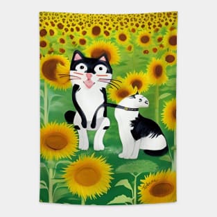 Tuxedo Cats in Sunflower Field Copyright TeAnne Tapestry