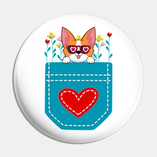 Cute Dog Red Heart Flowers Pocket Pin