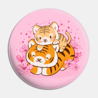 Cute Baby Tiger and Mom with Pastel Pink Sakura Flower Kawaii Aesthetic Pin