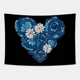 Blue Heart of Roses and Daisies Tapestry