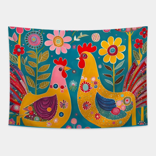 Two Painted Chickens Tapestry by LyndiiLoubie
