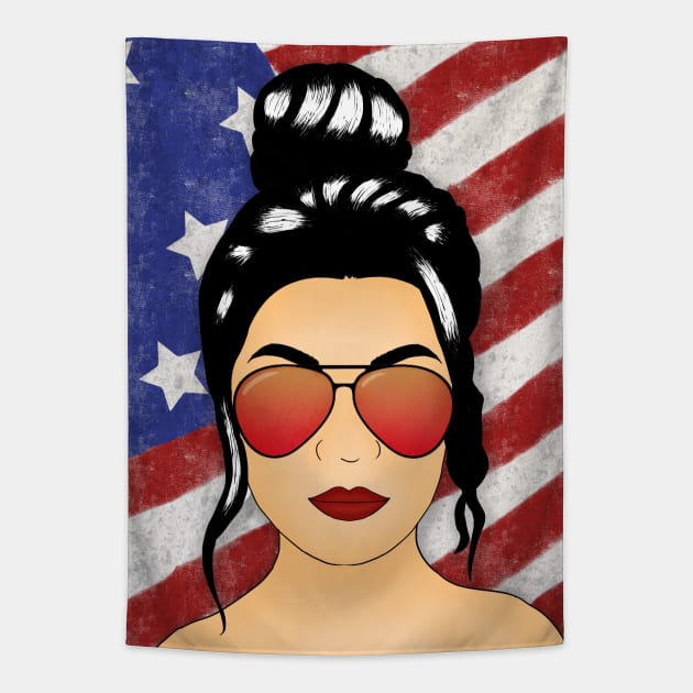 Messy Bun with American Flag in Background Tapestry by GerrArt