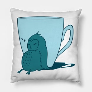 Sleepy Owl and Cup Teal Pillow