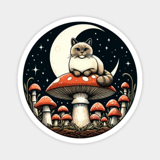 Funny Vintage White Cat in Mushroom Garden Magnet