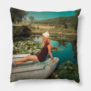 woman floating among waterlilies Pillow