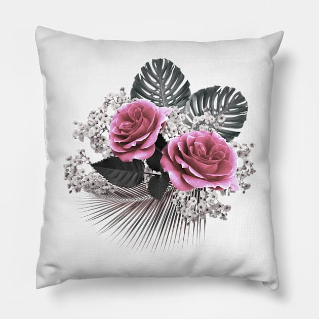 Pink Flowers Tropical Leaves Pillow by Looly Elzayat