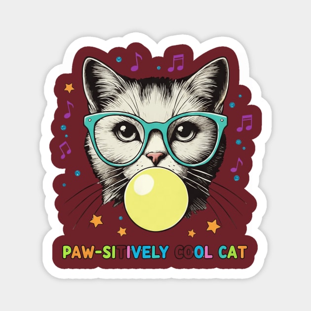 Cool Bubblegum Cat with Glasses T‑Shirt | Cute Kawaii Kitty Graphic Tee for Cat Lovers Magnet by SAMY